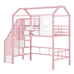 Pink Twin Metal Loft Bed With Roof Design And Storage Box