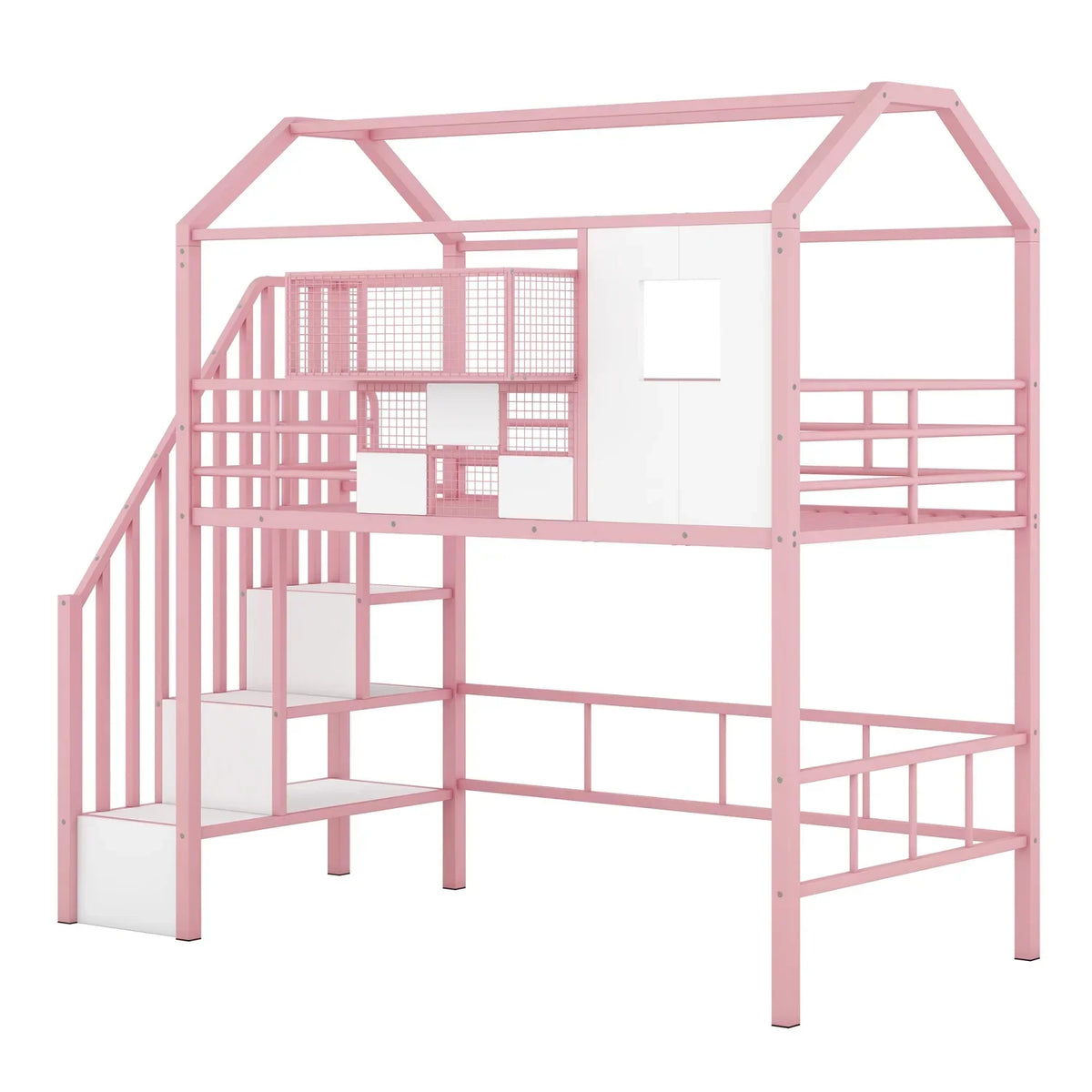 Pink Twin Metal Loft Bed With Roof Design And Storage Box