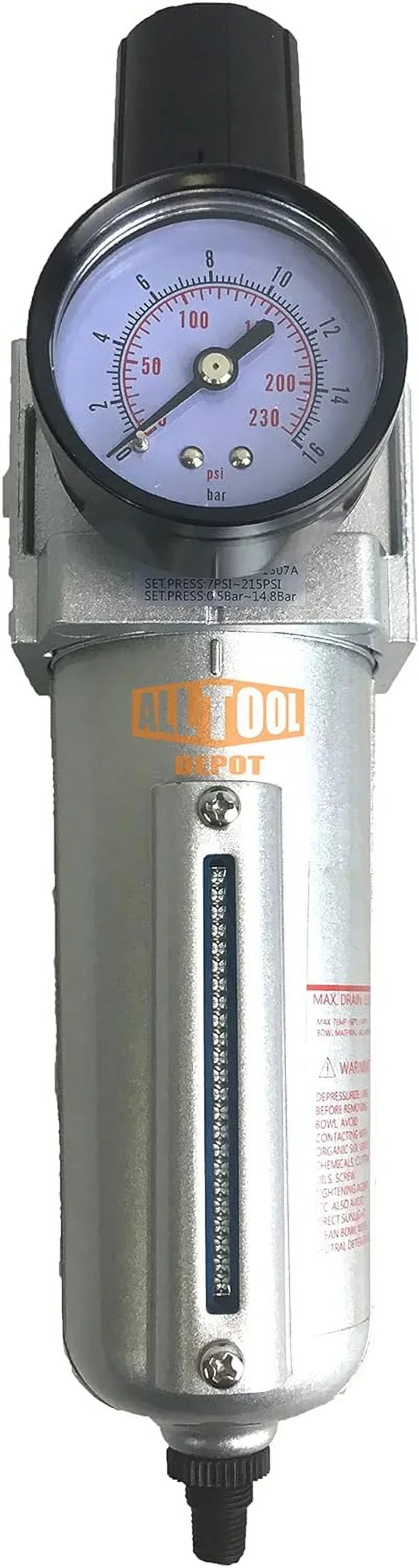 Compressed Air Inline Filter Regulator Combo, Metal Bowl, 5 Micron, 7 To 175 PSI, Auto Drain