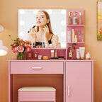 Ktaxon Vanity Makeup Table With Stool, 3-Color Lighted Mirror, 3 Shelves, Drawers, White - 35.43 x 15.55 x 29.53-53.27 in
