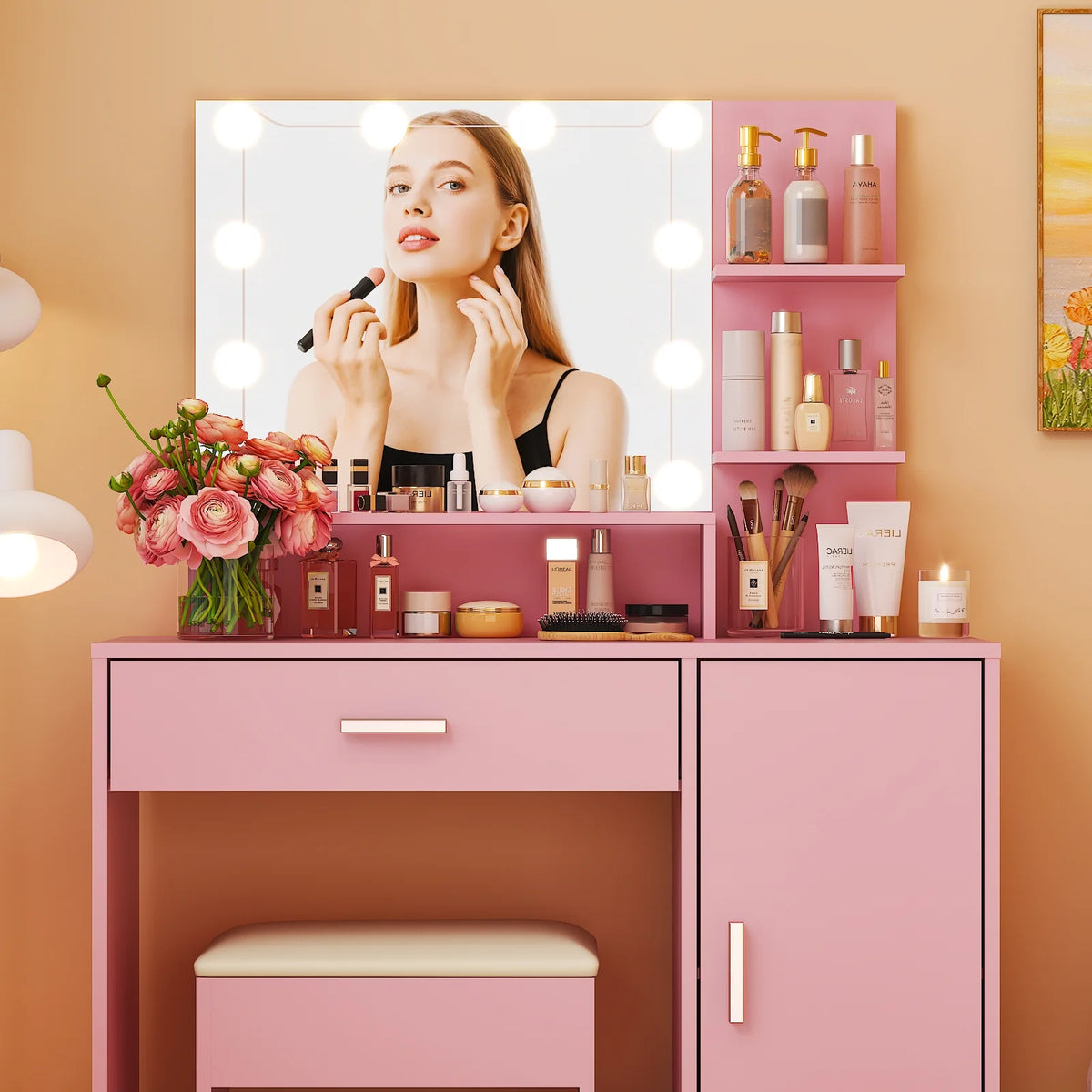 Ktaxon Vanity Makeup Table With Stool, 3-Color Lighted Mirror, 3 Shelves, Drawers, White - 35.43 x 15.55 x 29.53-53.27 in