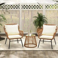 3-Piece Outdoor Rattan Bistro Set With Glass-Top Table, Wide-Arm Chairs And Seat Cushions