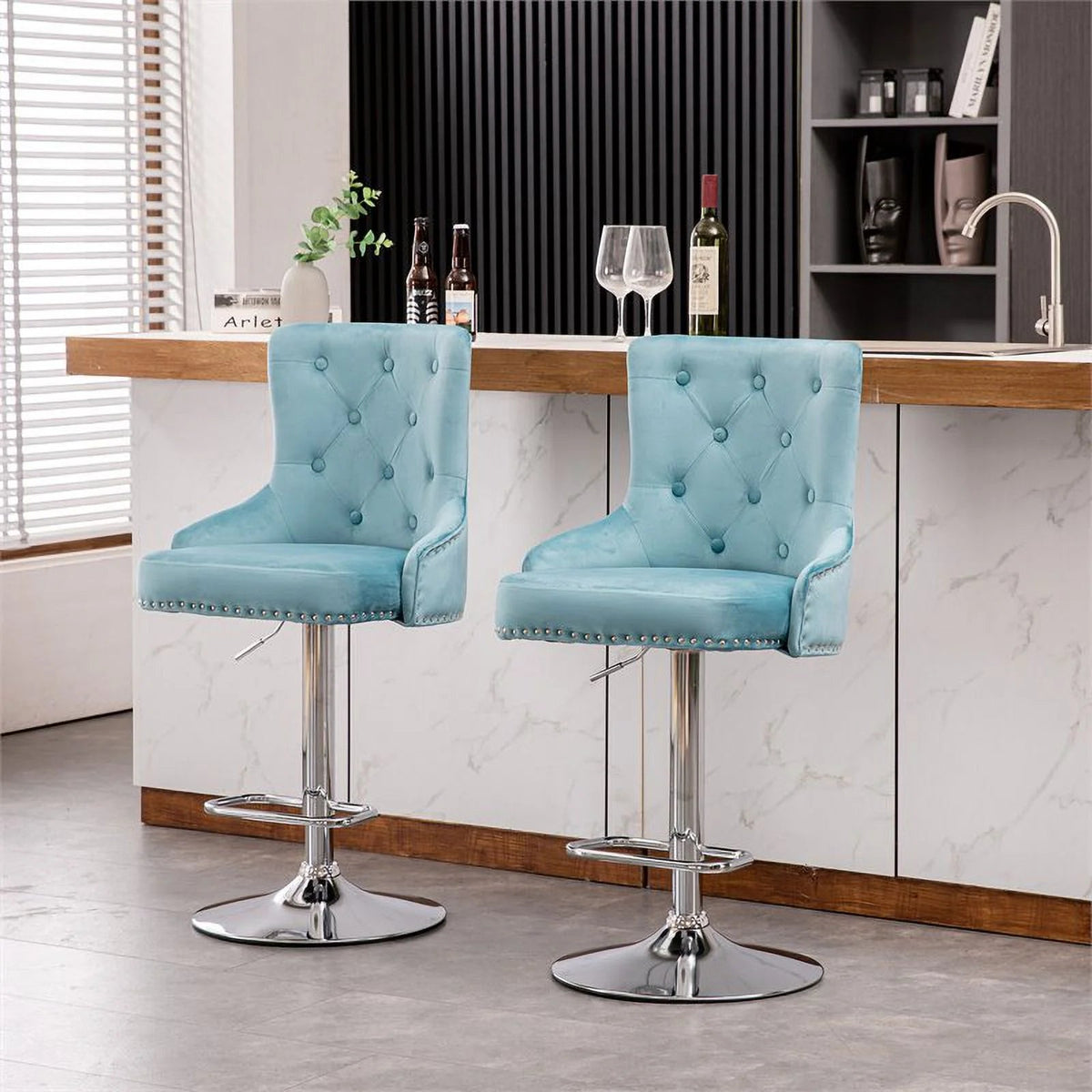 Alexent 2-Piece Swivel Bar Stools, Dark Blue, 43.7-51.6 H, 19.3 W x 18.1 D - Silver Footrest