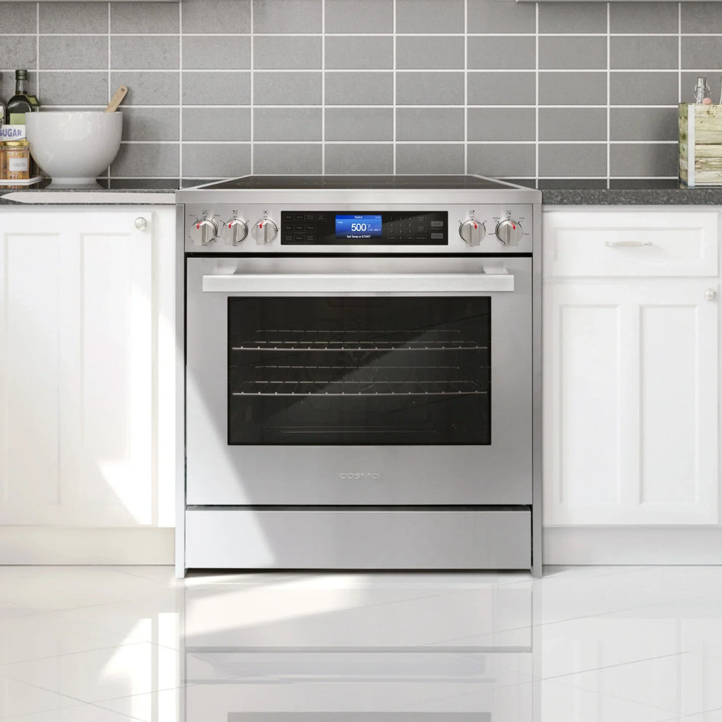 Cosmo 4-Piece Kitchen Appliance Package With 30 in Electric Range, 30 in Wall Mount Hood, 24 in Dishwasher And French Door Refrigerator