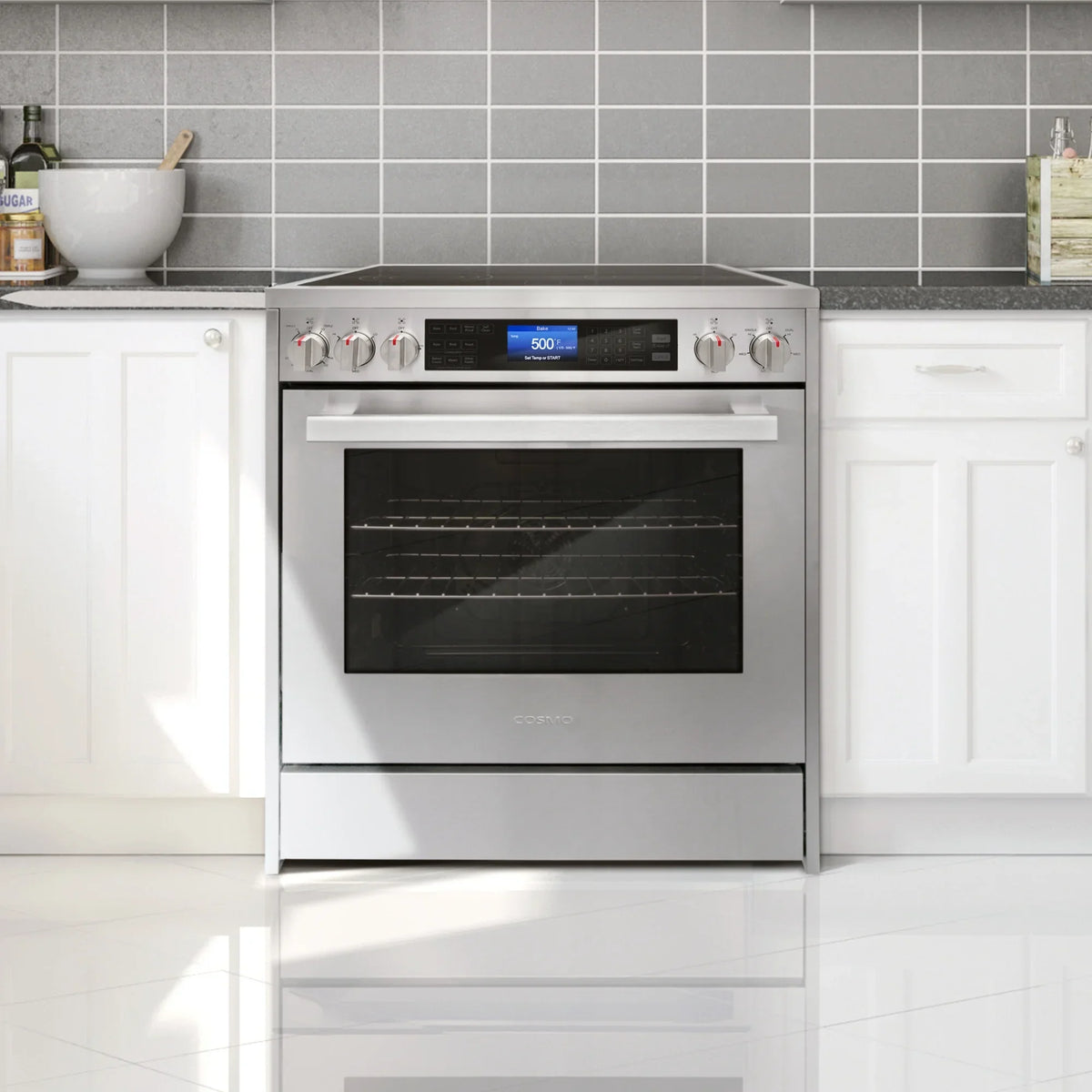 Cosmo 4-Piece Kitchen Appliance Package With 30 in Electric Range, 30 in Wall Mount Hood, 24 in Dishwasher And French Door Refrigerator