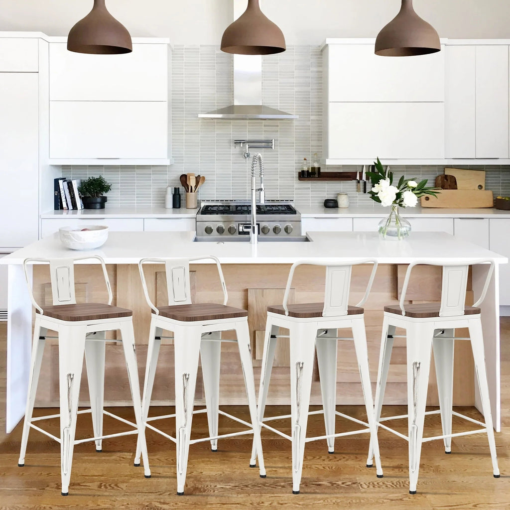 Andeworld Counter Height Industrial Metal Bar Stools With Wooden Seats, Set Of 4, 24 Inch, Distressed White