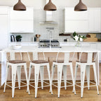 Andeworld Counter Height Industrial Metal Bar Stools With Wooden Seats, Set Of 4, 24 Inch, Distressed White