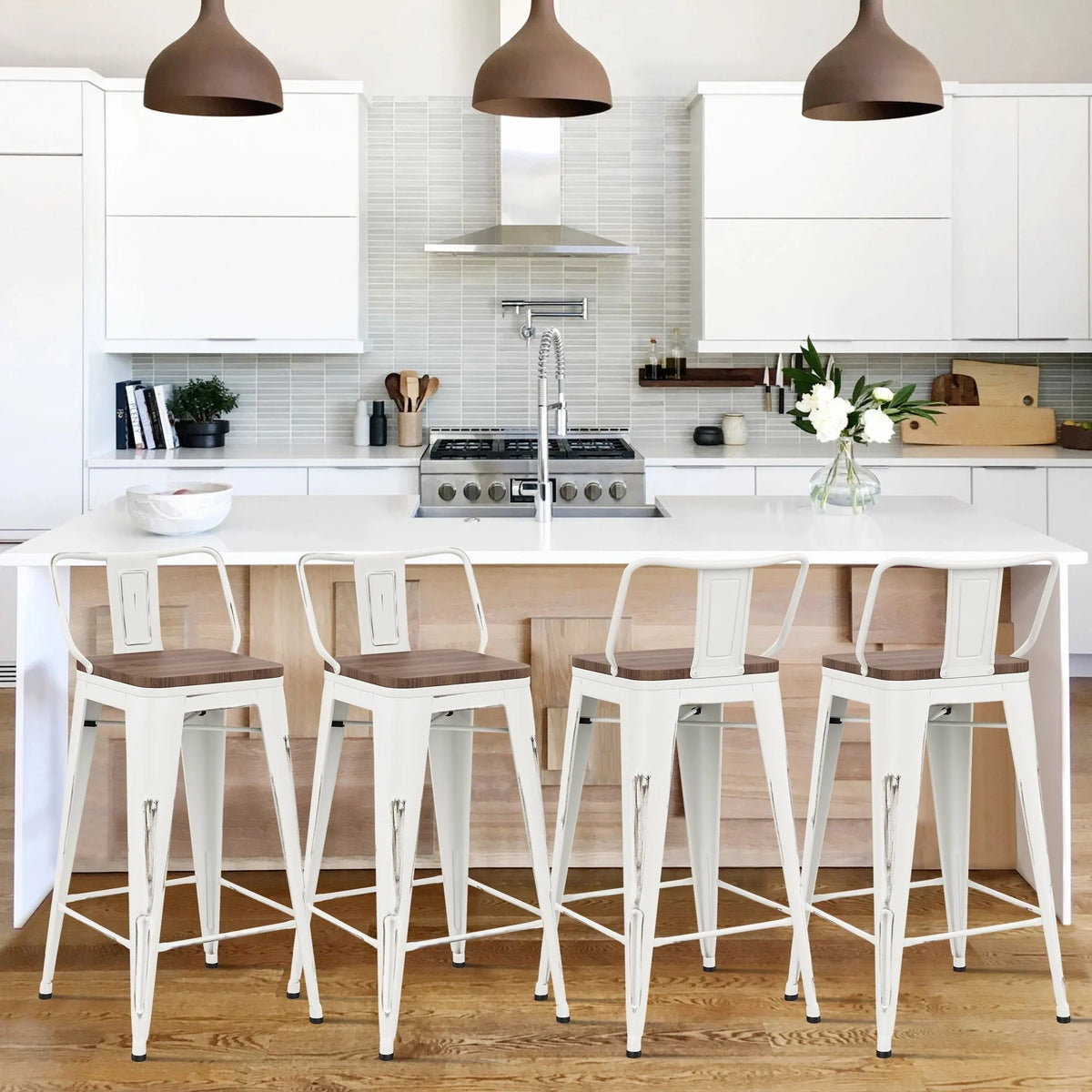 Andeworld Counter Height Industrial Metal Bar Stools With Wooden Seats, Set Of 4, 24 Inch, Distressed White