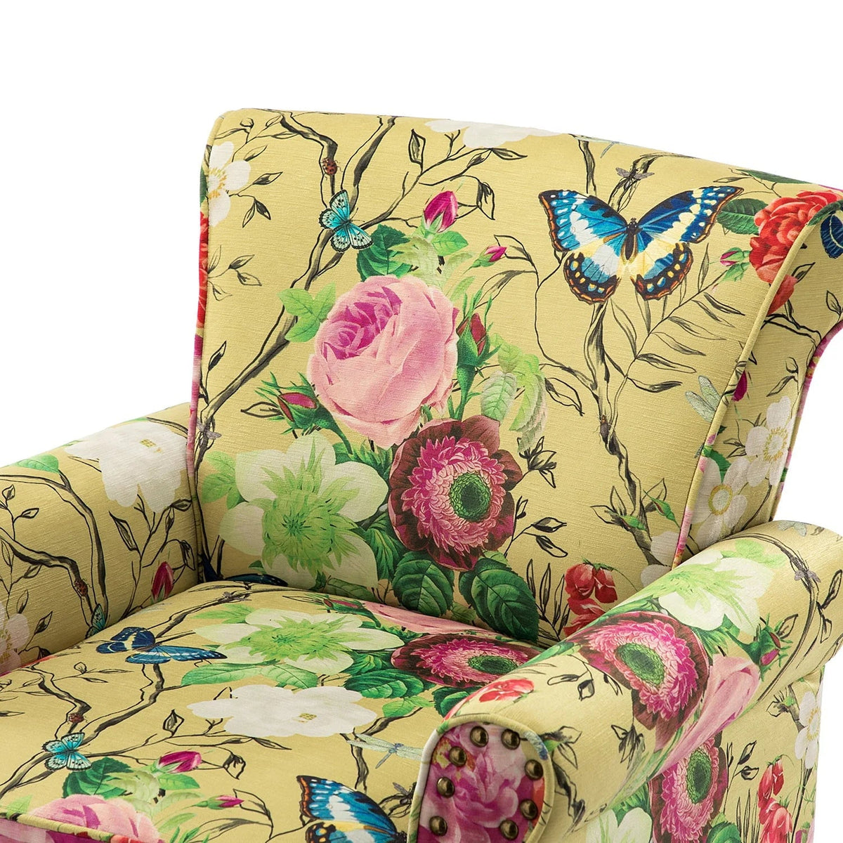 14 Karat Home Wingback Accent Chair, Floral Upholstery, Mustard, 30 x 31 x 32.5 in