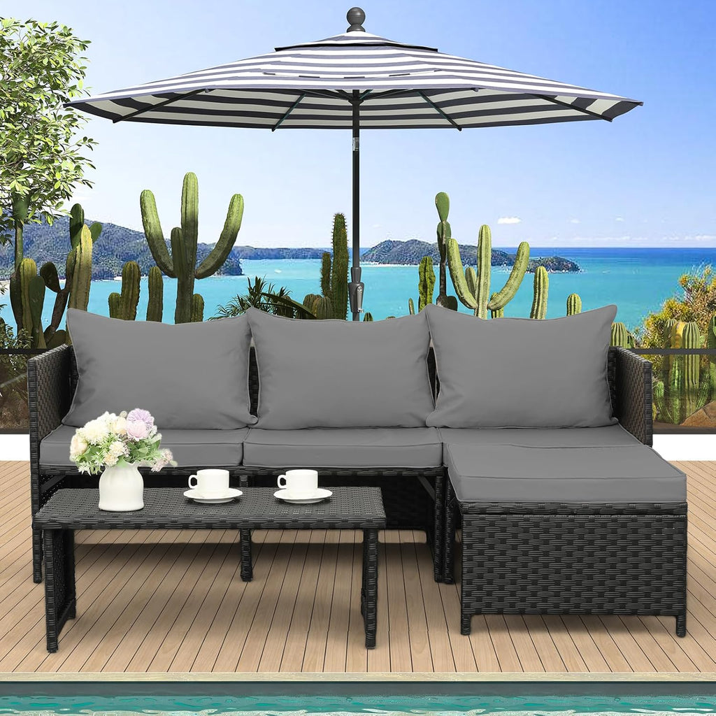 Valita 3-Piece Outdoor PE Rattan Patio Conversation Set With Cushions - 47 x 23 x 26 in Sofas, 34 x 16 x 14 in Table