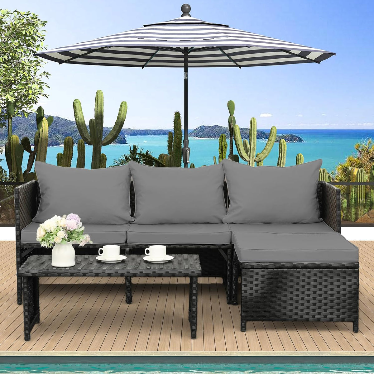 Valita 3-Piece Outdoor PE Rattan Patio Conversation Set With Cushions - 47 x 23 x 26 in Sofas, 34 x 16 x 14 in Table