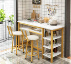 3-Piece White Faux Marble Bar Table And Chairs Set With 2 PU Cushion Bar Stools And 3-Tier Storage Shelves - Gold Frame