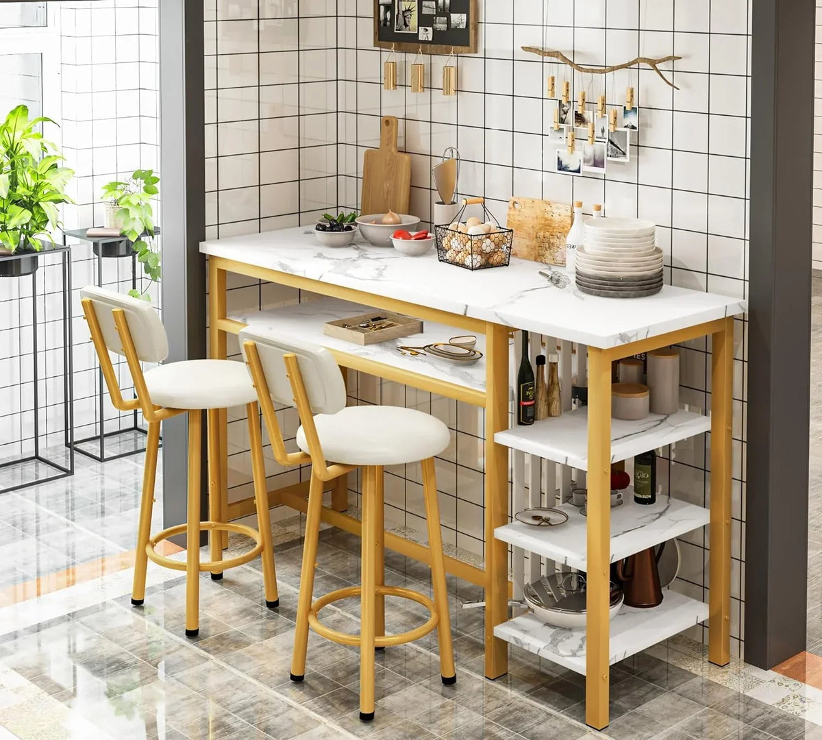 3-Piece White Faux Marble Bar Table And Chairs Set With 2 PU Cushion Bar Stools And 3-Tier Storage Shelves - Gold Frame