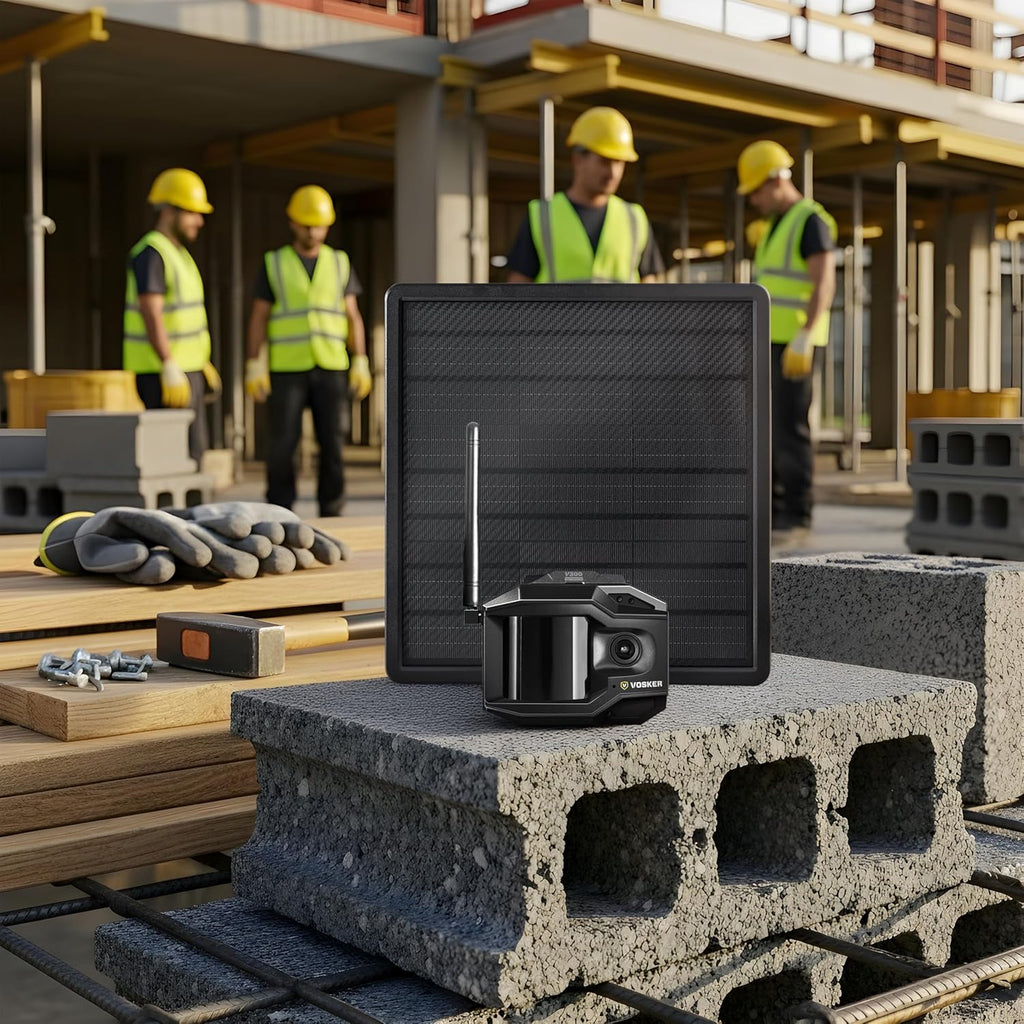 Vosker Outdoor Security Camera With External Solar Panel, 4G LTE, Black, Single Unit With Battery - V300 Ultimate Construction Pack