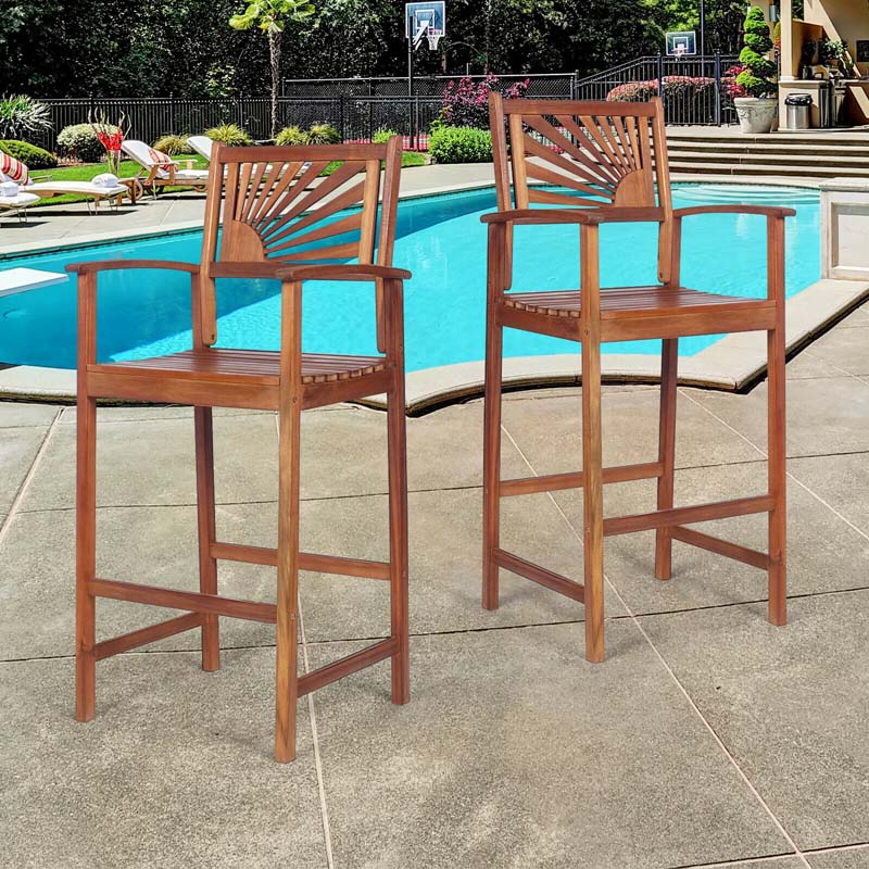 2-Pack Acacia Wood Outdoor Patio Bar Stools, Natural, 29in Seat Height - Sunflower Backrest