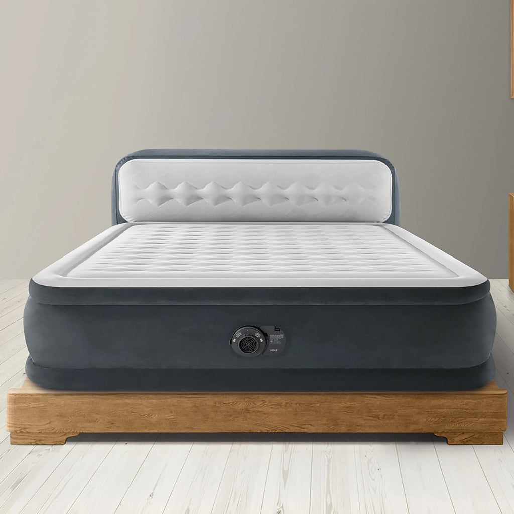 Intex Dura-Beam Deluxe Ultra Plush Headboard Queen Airbed, Gray, 18in, Built-In Pump - 64447ED