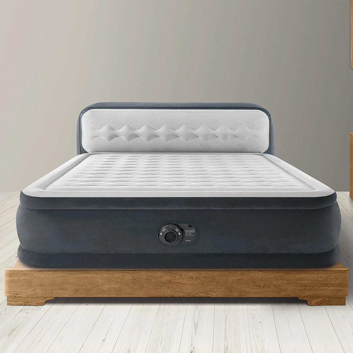 Intex Dura-Beam Deluxe Ultra Plush Headboard Queen Airbed, Gray, 18in, Built-In Pump - 64447ED