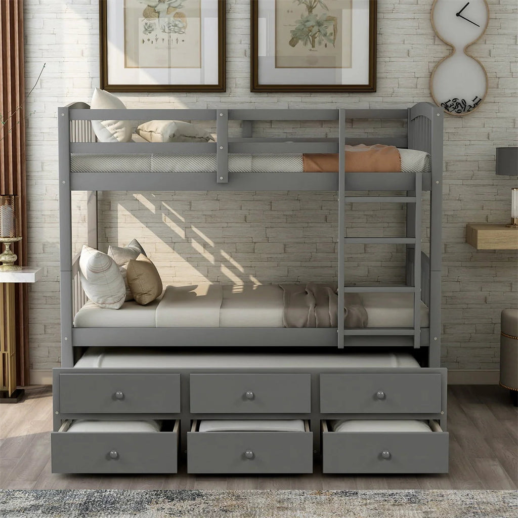 Twin-Over-Twin Bunk Bed With Trundle, Ladder, Safety Rail, 3 Drawers, Plywood, MDF and Pinewood - Gray