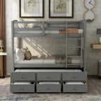 Twin-Over-Twin Bunk Bed With Trundle, Ladder, Safety Rail, 3 Drawers, Plywood, MDF and Pinewood - Gray