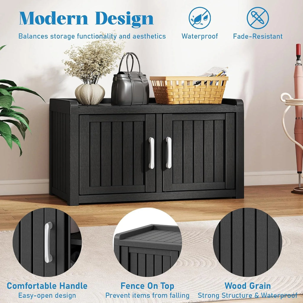 KAMABOKO Outdoor Shoe Storage Cabinet, Black, 2 Doors
