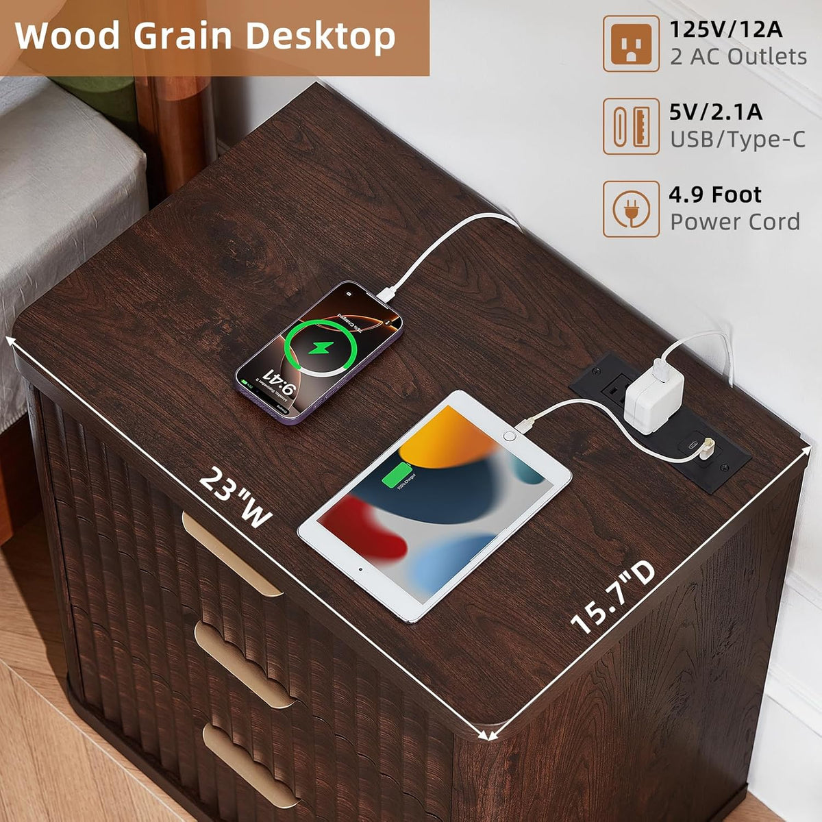LEYAOYAO Fluted Farmhouse Nightstand Set Of 2, Walnut, 23 inch Wide, 3 Drawers With Charging Station