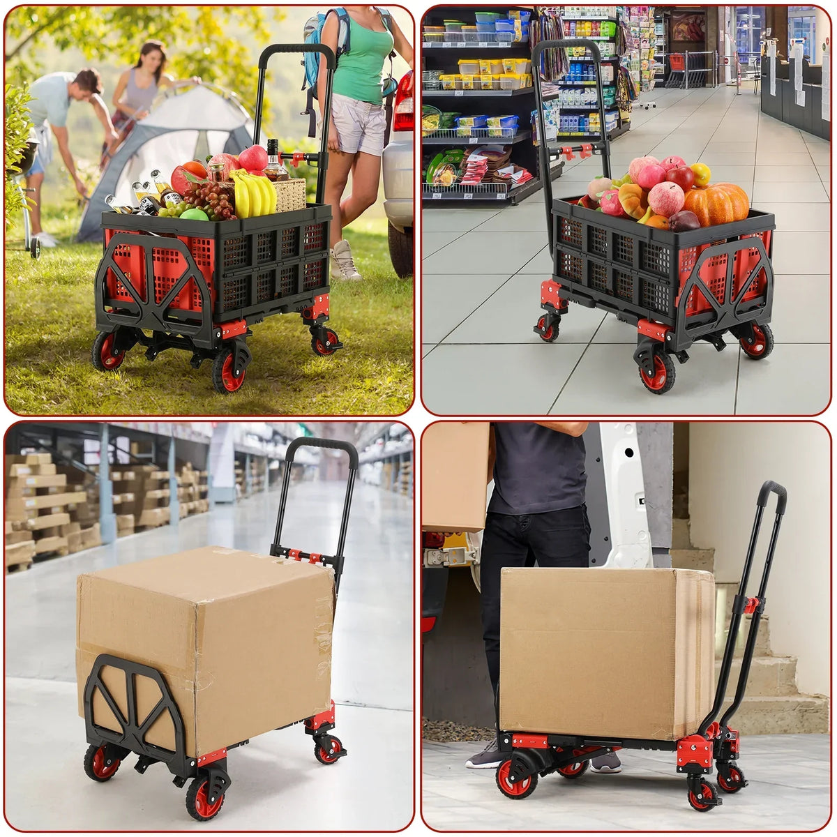 LAZY BUDDY 2-in-1 Folding Hand Truck Dolly With 22 Inch Folding Basket, Red, 330 LBS