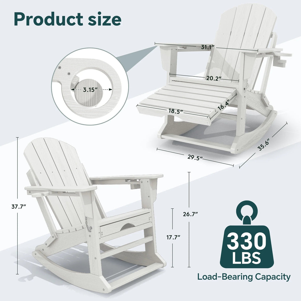 KINGYES Folding Adirondack Rocker Chair Set Of 2 With Footrest And Dual Cup Holders - Black