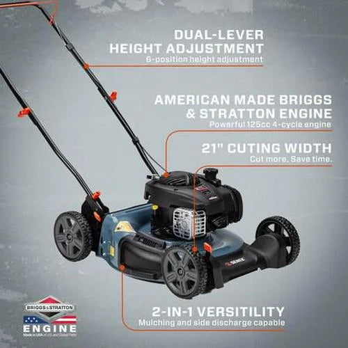 21-Inch 125 cc 4-Cycle Gas Powered Push Lawn Mower - Mulch and Side Discharge, Dual Lever Height Adjustment