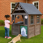 COCLUB Wooden Outdoor Playhouse With Doorbell, Phone And Kitchen Toys, 45in L x 43in W x 65in H