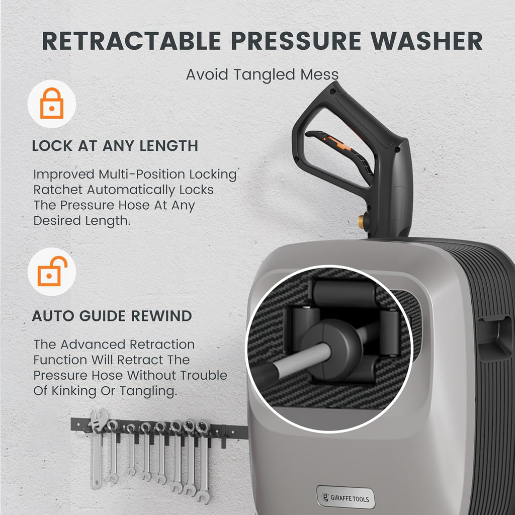 Giraffe Tools Grandfalls Retractable Pressure Washer G20 2500 PSI 2.2 GPM, 65FT Hose Reel, 4 Nozzles - Light Silver Case With Grey Pressure Hoses