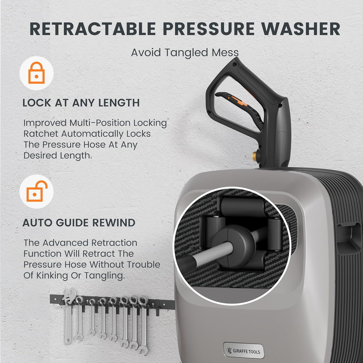 Giraffe Tools Grandfalls Retractable Pressure Washer G20 2500 PSI 2.2 GPM, 65FT Hose Reel, 4 Nozzles - Light Silver Case With Grey Pressure Hoses