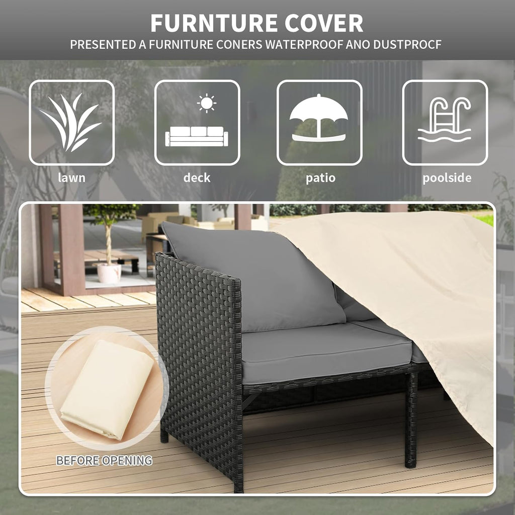 Valita 3-Piece Outdoor PE Rattan Patio Conversation Set With Cushions - 47 x 23 x 26 in Sofas, 34 x 16 x 14 in Table