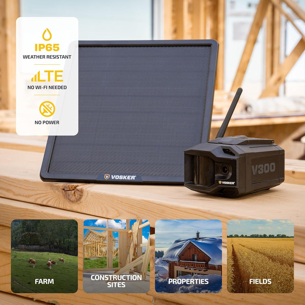 Vosker Outdoor Security Camera With External Solar Panel, 4G LTE, Black, Single Unit With Battery - V300 Ultimate Construction Pack