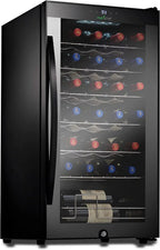 NutriChef Compressor Wine Cooler Refrigerator, 28 Bottle, Black Glass Door