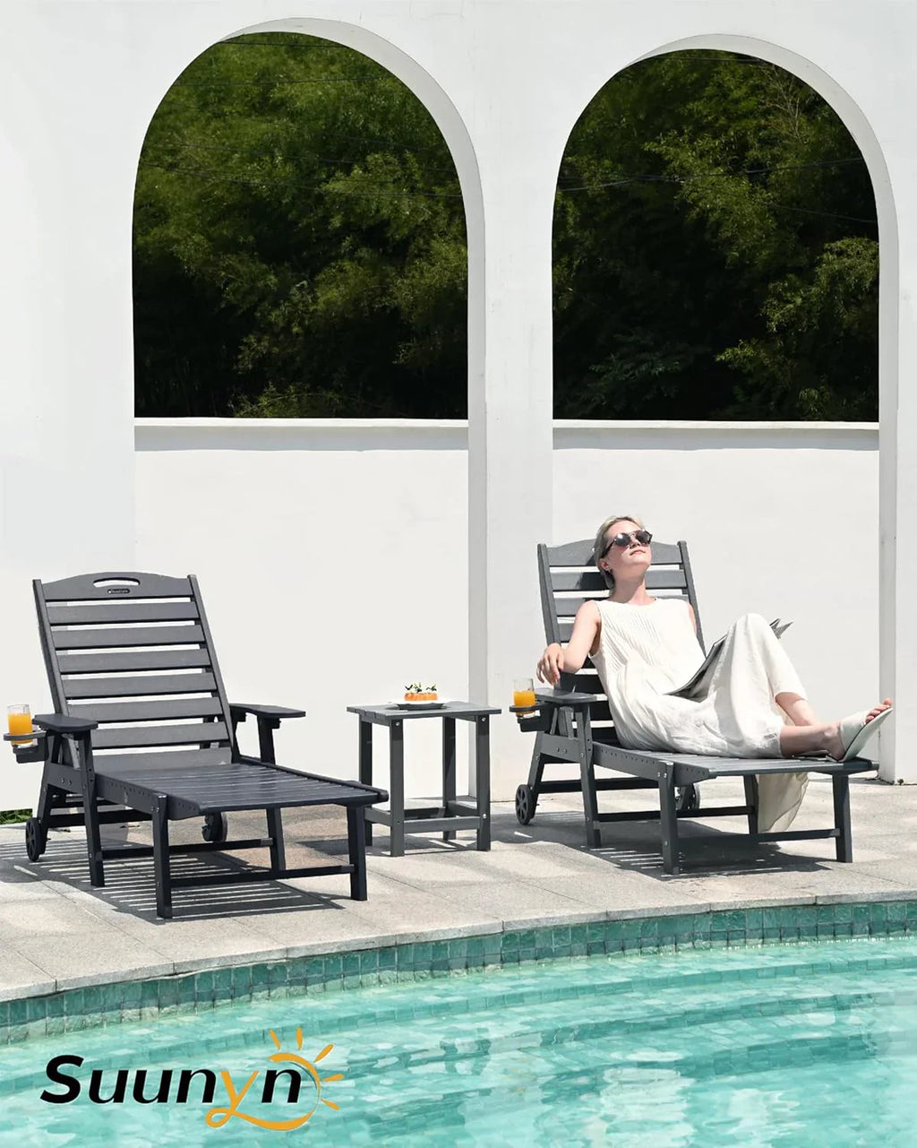 SUUNYN HDPE 6-Position Outdoor Chaise Lounge Chair With Wheels And Cup Holder - Teak