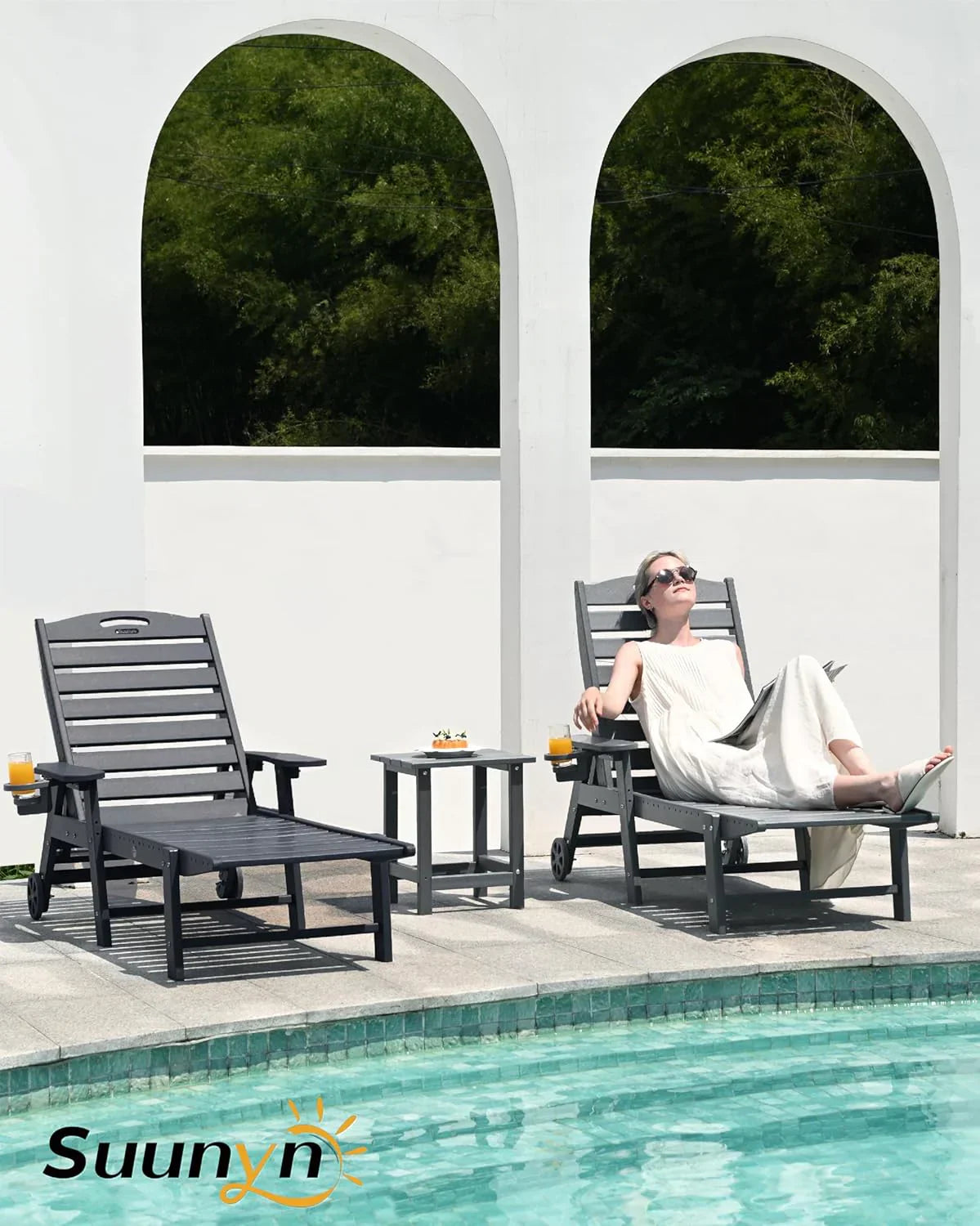 SUUNYN HDPE 6-Position Outdoor Chaise Lounge Chair With Wheels And Cup Holder - Teak