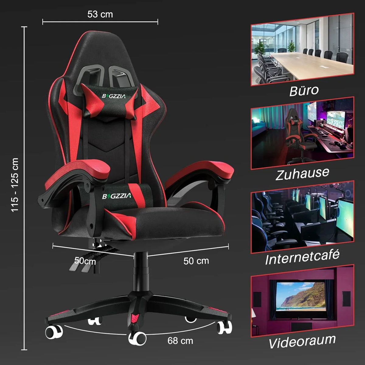 Bigzzia Gaming Office Chair With Headrest And Lumbar Support - Black/Red