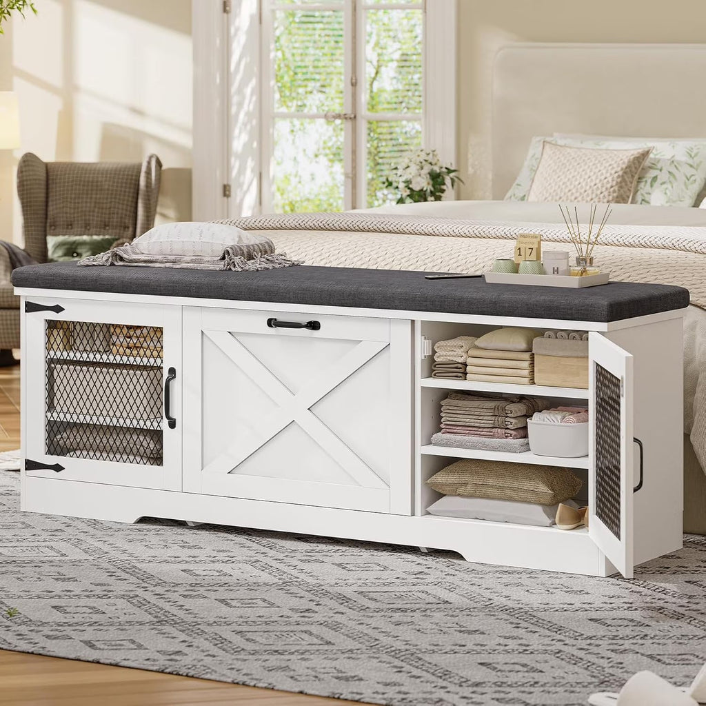 Farmhouse Shoe Storage Bench With Cushion, 31.4in, Metal Barn Door, Old White