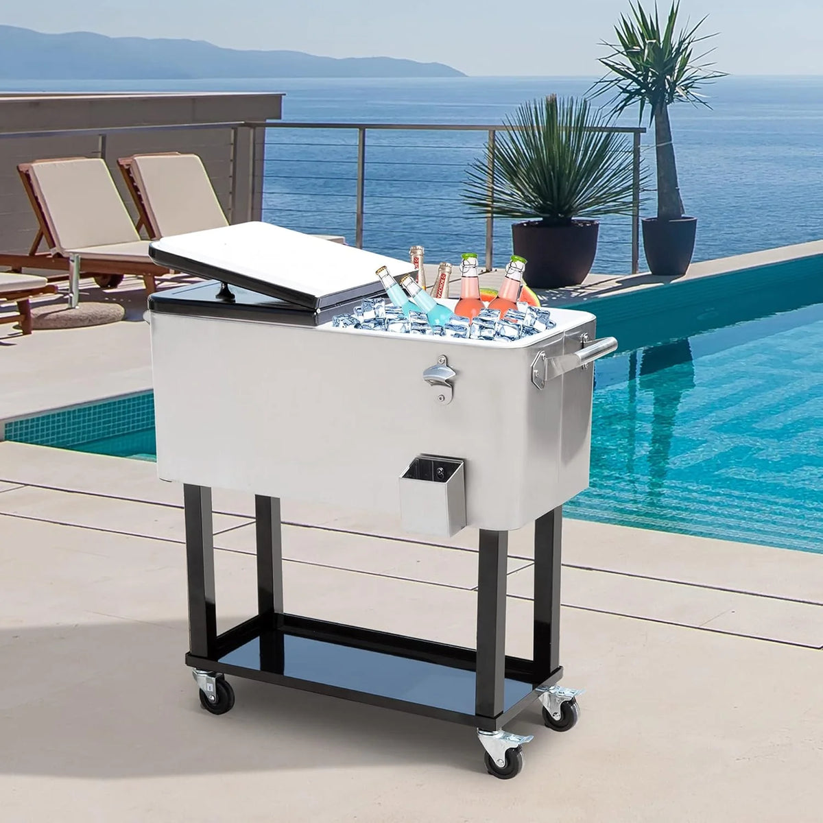 Rolling Patio Cooler 80 Quart Steel - Silver