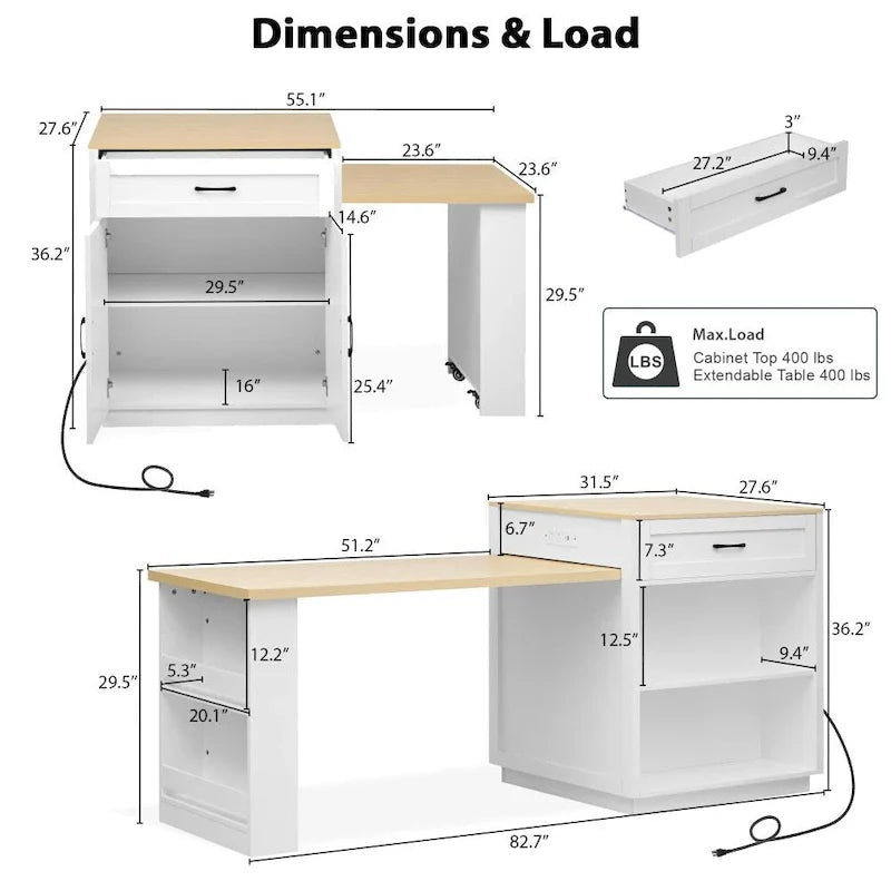 82.7 Wooden Kitchen Island With Extendable Dining Table And Double-Sized Storage