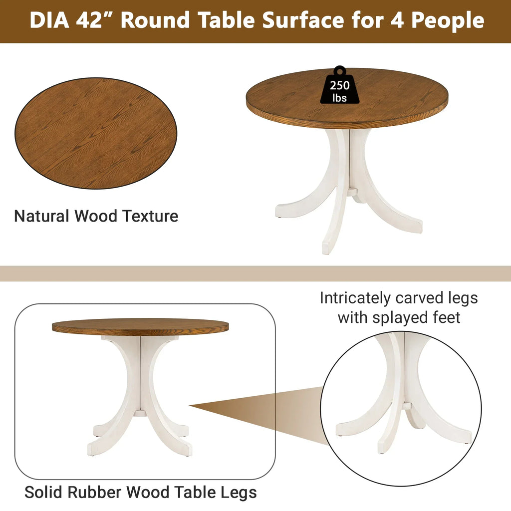 Llinc Store 5-Piece Round Dining Table Set For 4 With Upholstered Chairs, Walnut Table/Beige Chairs