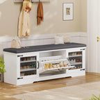 Farmhouse Shoe Storage Bench With Cushion, 31.4in, Metal Barn Door, Old White