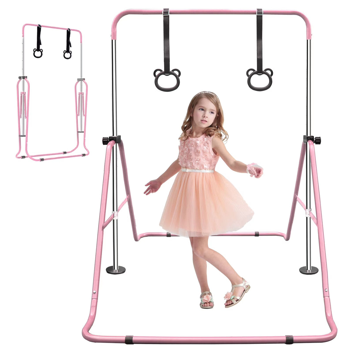 Expandable Gymnastics Bar For Kids, Folding, Height Adjustable 35-51 in, Pink