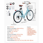 KFFKFF 26 in 7-Speed Cruiser Bike, Pale Blue With Front Basket And Rear Rack - SCB722-B