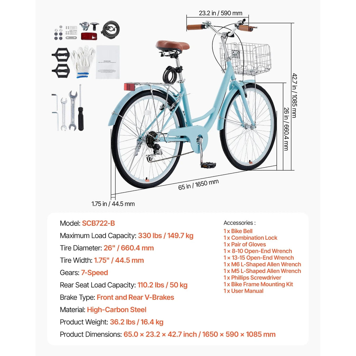 KFFKFF 26 in 7-Speed Cruiser Bike, Pale Blue With Front Basket And Rear Rack - SCB722-B