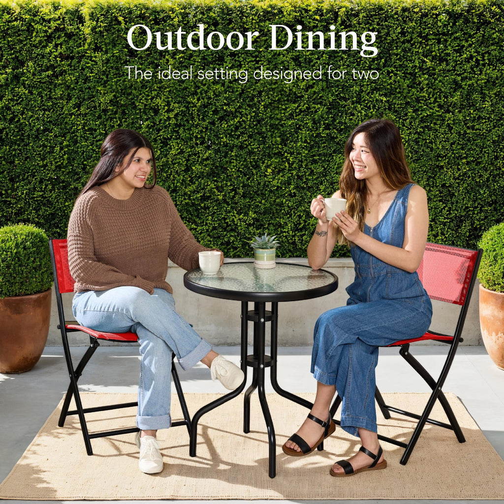 Best Choice Products 3-Piece Patio Bistro Dining Set With Glass Tabletop And Folding Chairs - Gray