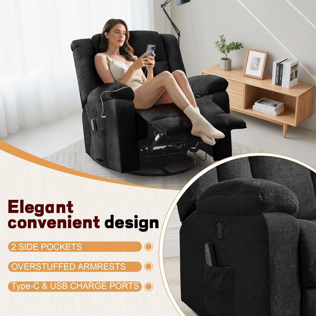 Korser Swivel Rocker Recliner Chair With Massage, Heating, USB Charging And Storage