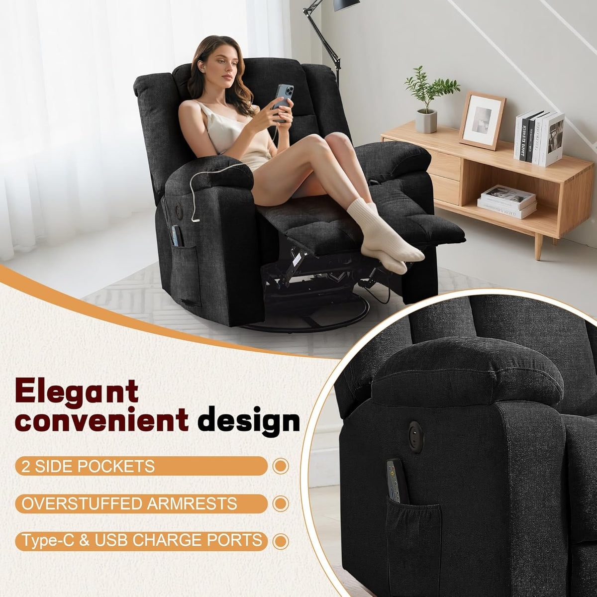 Korser Swivel Rocker Recliner Chair With Massage, Heating, USB Charging And Storage