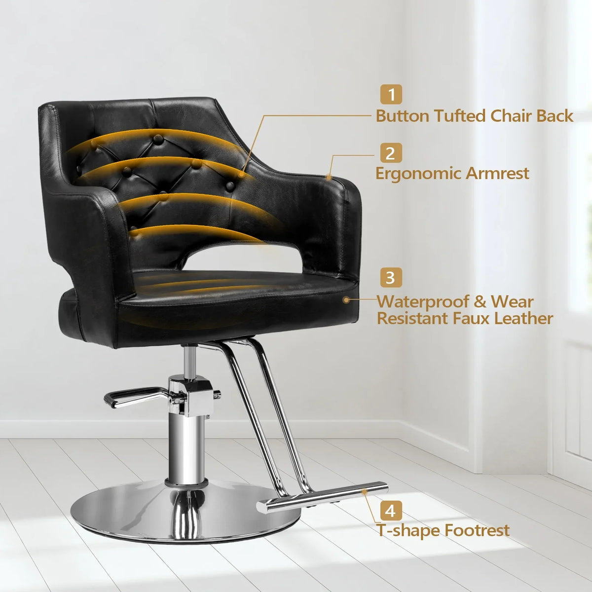 OmySalon Barber Styling Chair With Hydraulic Pump, 360 Swivel And Footrest - Black