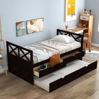Captain Wood Twin Bed With Trundle And 3 Drawers, Brown, 78.9 in L x 42.7 in W x 36.2 in H